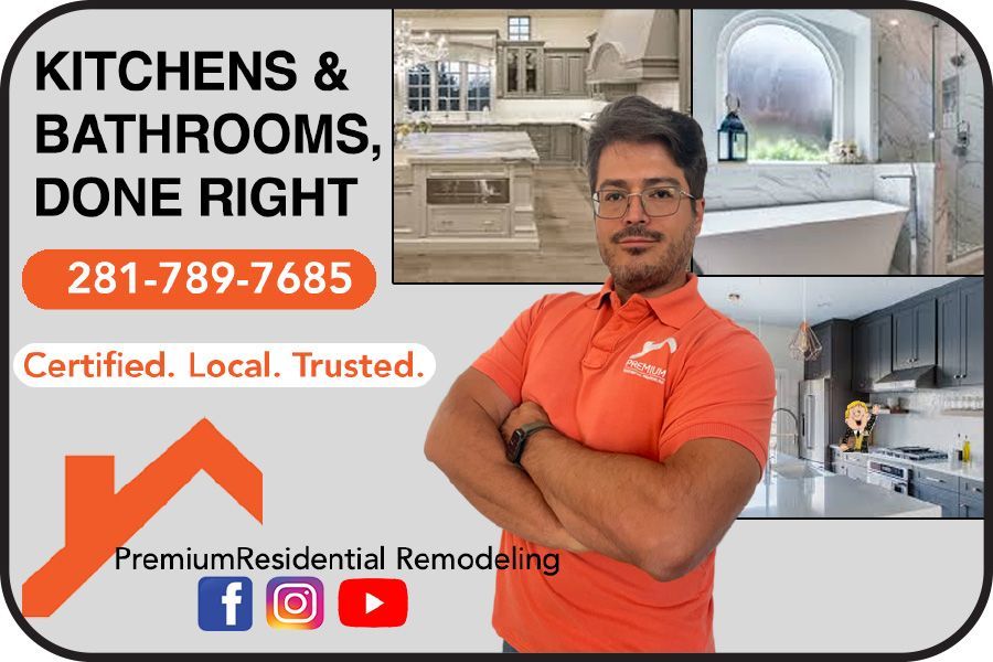 Kitchen and bathroom remodeling ad with orange logo, contact number, and contractor in an orange shirt before renovation photos