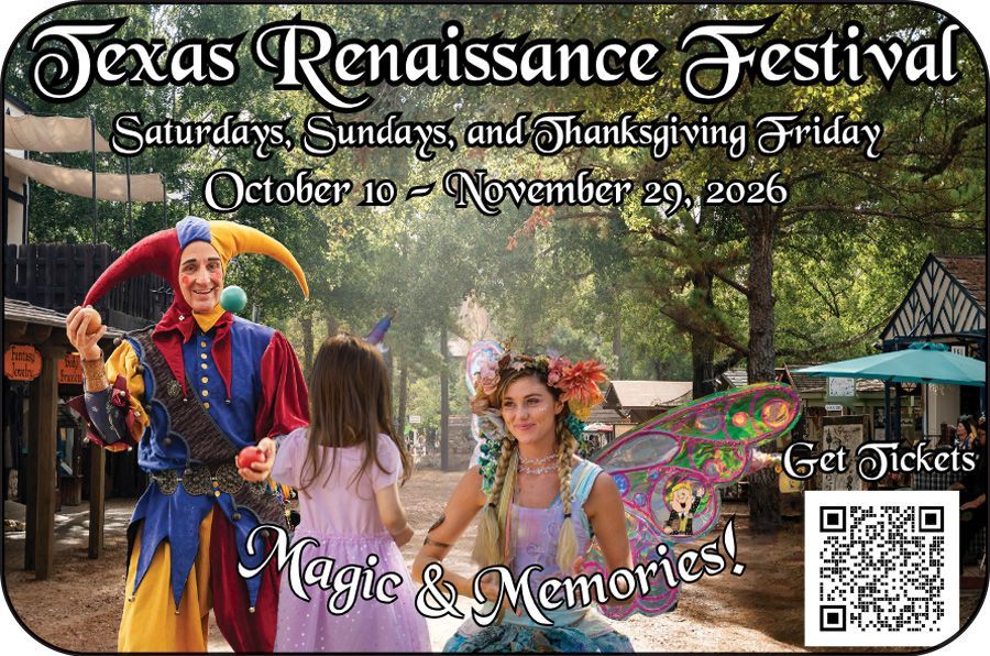 Texas Renaissance Festival poster with costumed performers, event dates, and a ticket QR code