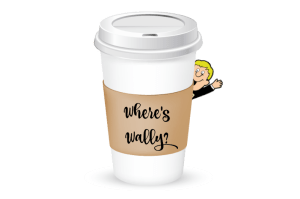 A coffee cup that says where 's wally on it
