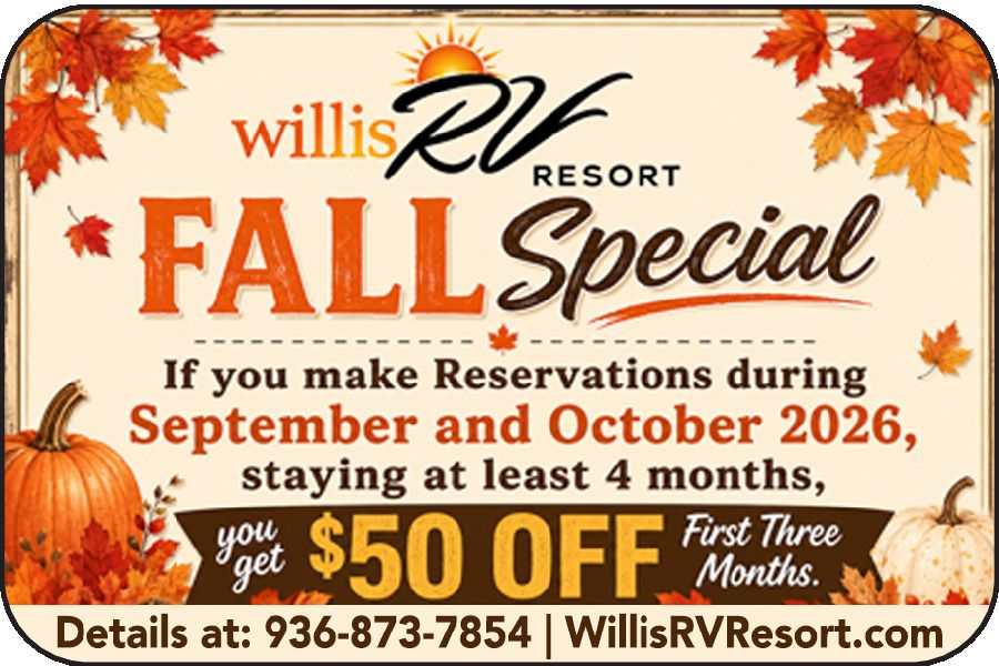Willis RV Resort fall special ad with orange leaves, offering $50 off first three months for reservations in Sept-Oct 2026