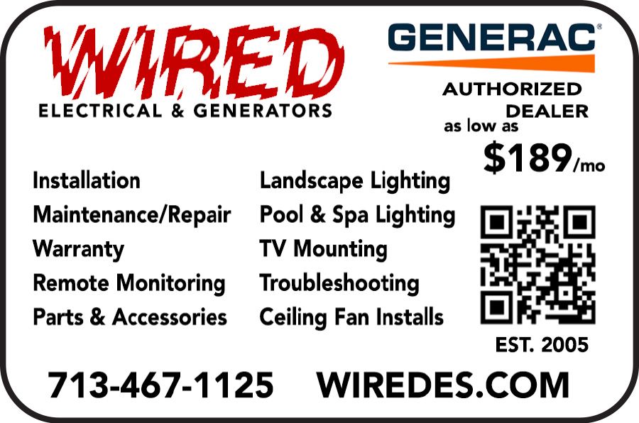 Wired Electrical & Generators service ad with Generac logo, services list, phone number, website, and QR code