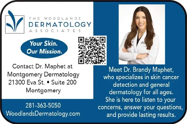 Woodlands Dermatology Association ad with contact info, QR code, and doctor portrait on blue background