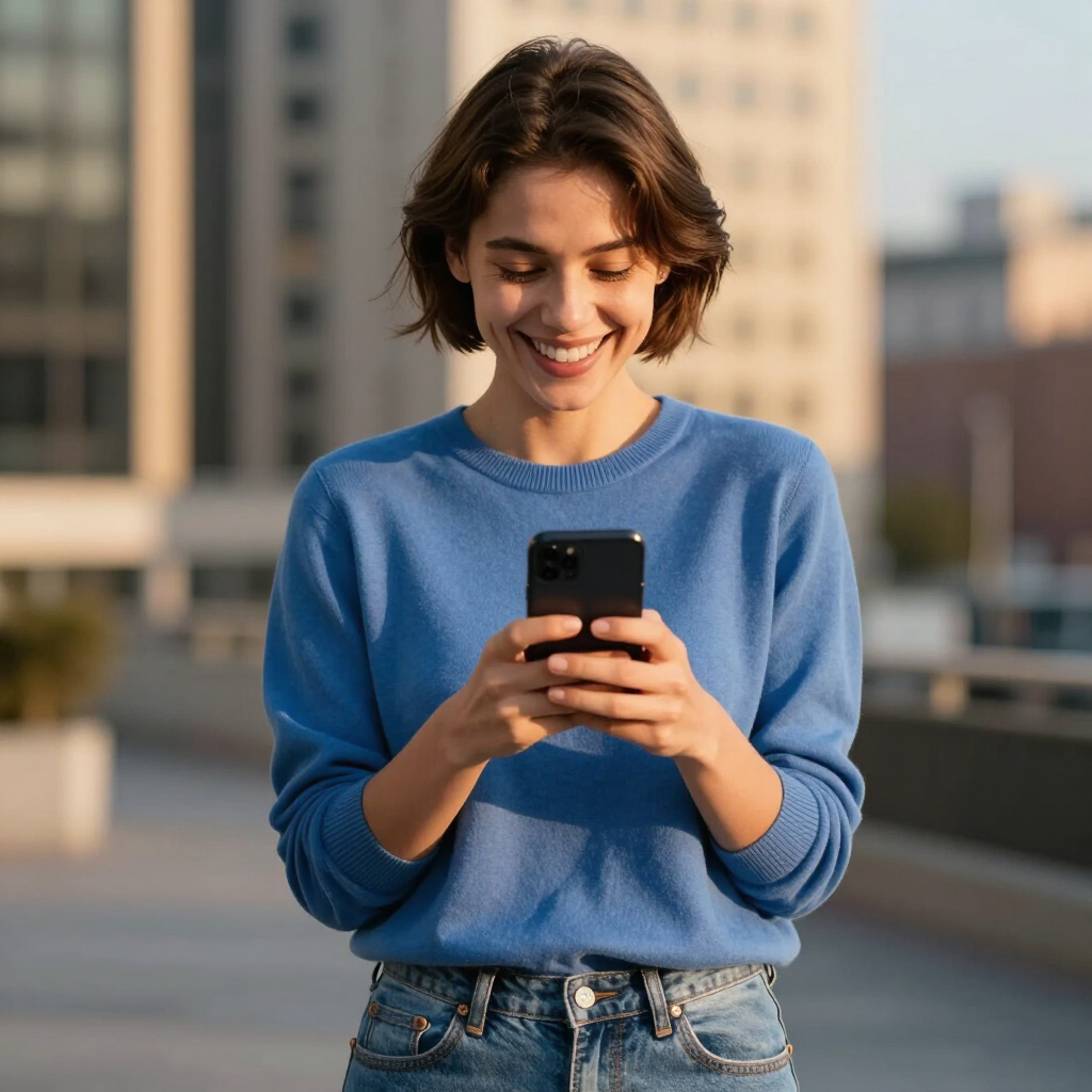 Woman in a blue sweater smiling at a smartphone outdoors with city buildings in the background