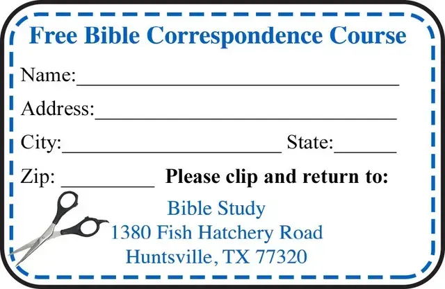 Free Bible Correspondence Course form with name, address, city, state, zip, and return address.