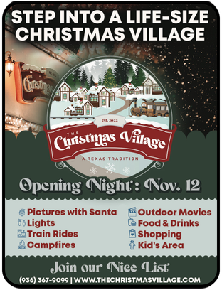 Christmas village event poster with “Opening Night: Nov. 12,” snowy holiday scene, and listed attractions.