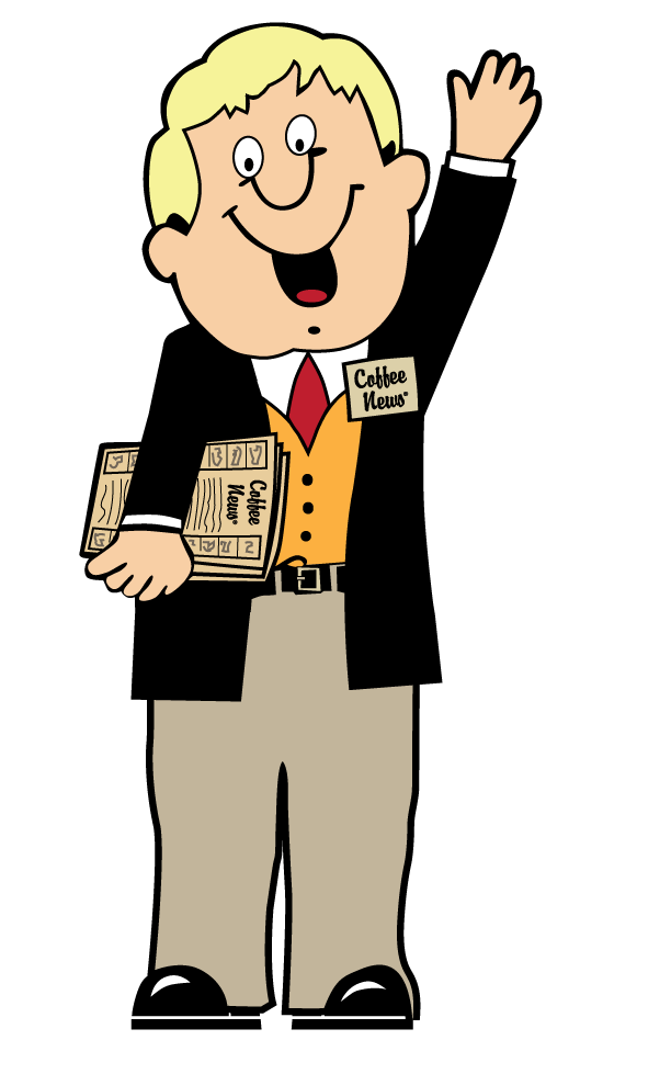 Newsboy, blonde hair, waving, holding newspapers, wearing suit, vest, badge.