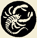 Black and white illustration of a scorpion inside a circle.