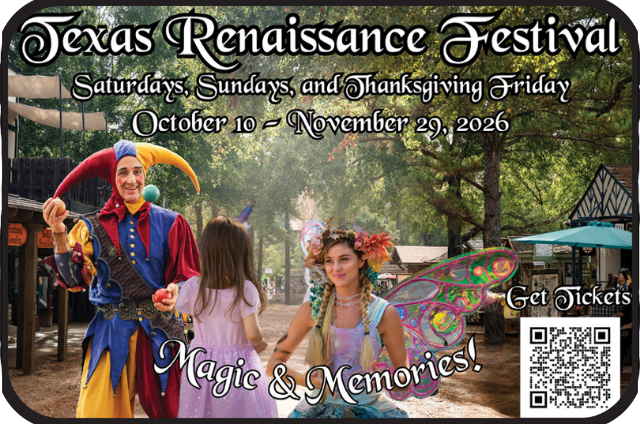 Texas Renaissance Festival poster with costumed performers, event dates, and a ticket QR code