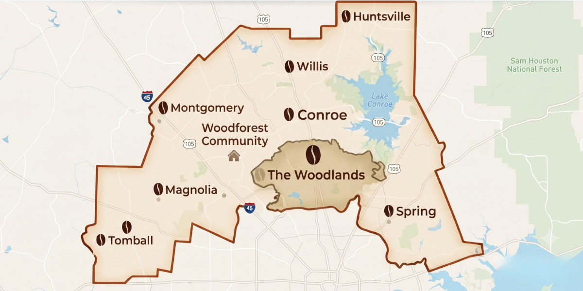 Map of The Woodlands area with surrounding Texas cities and brown-highlighted boundaries