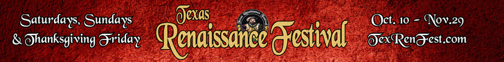 Red Renaissance Festival banner with gold text on a dark red background and dates in white text