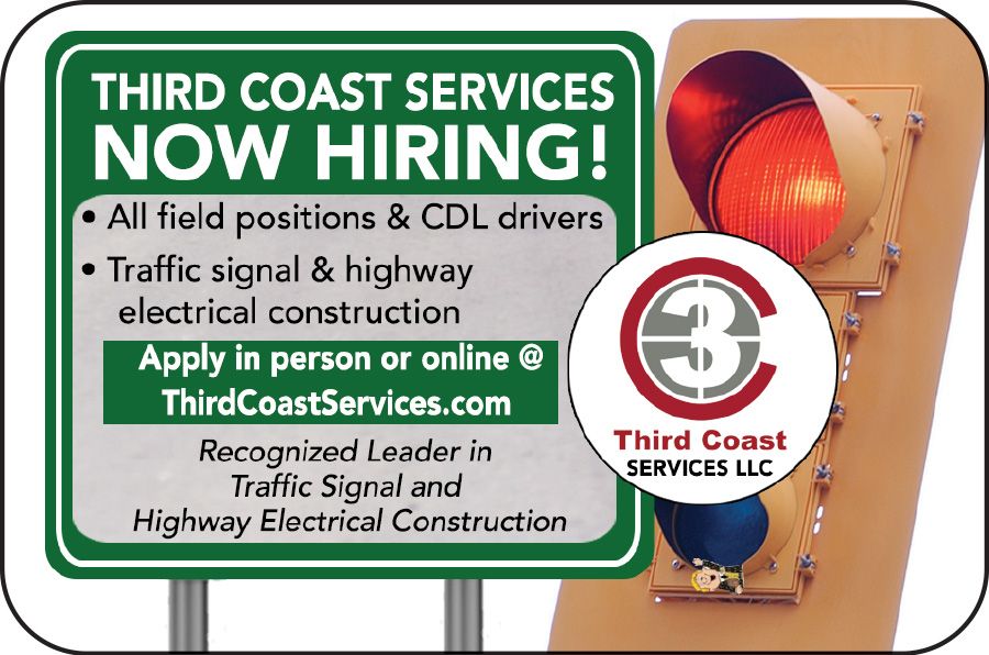 Third Coast Services hiring sign for CDL drivers and traffic signal/highway electrical construction, with red beacon and logo.
