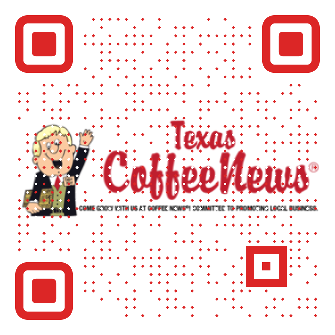 Texas Coffee News logo with red text, a cartoon figure, and QR-style corner squares on a white background
