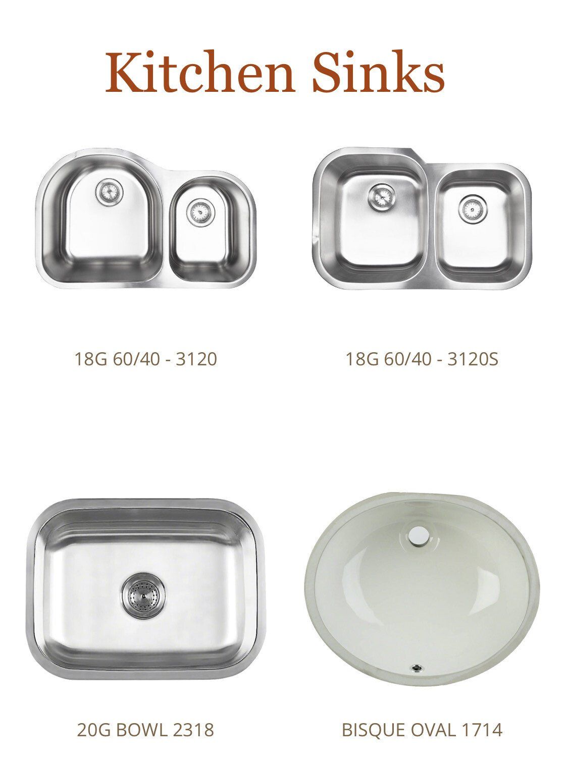 Four different kitchen sinks: two stainless steel double-bowl sinks, one stainless steel single-bowl sink