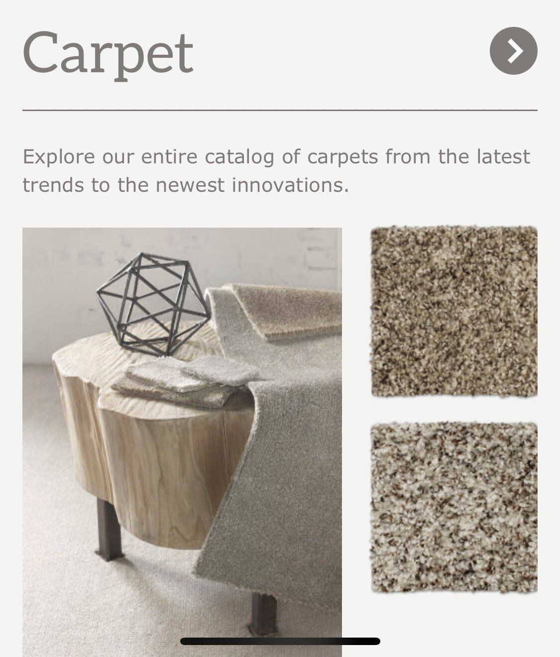 Carpet catalog page with carpet samples and a decorative display.