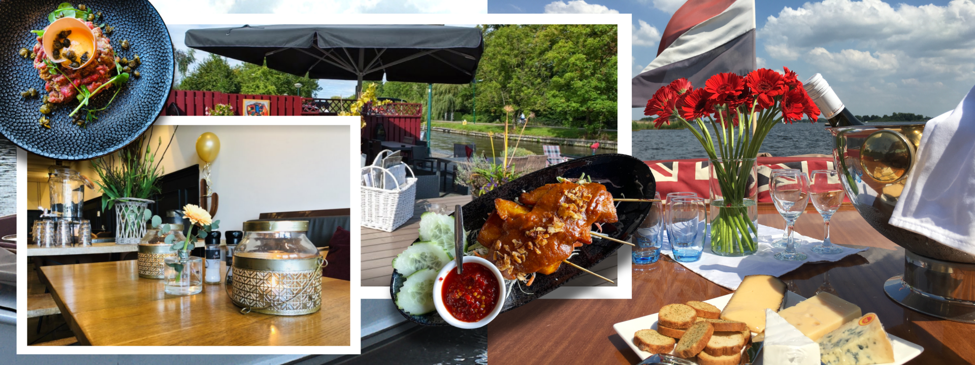Een collage met afbeeldingen van restaurants, waaronder gastronomische gerechten, een terras, een gedekte tafel en voorgerechten.
