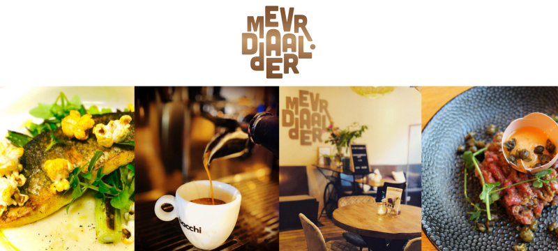 Een collage met het Mevr. Daalder-logo boven foto's van gastronomische gerechten, koffie die wordt ingeschonken en een restaurantinterieur.