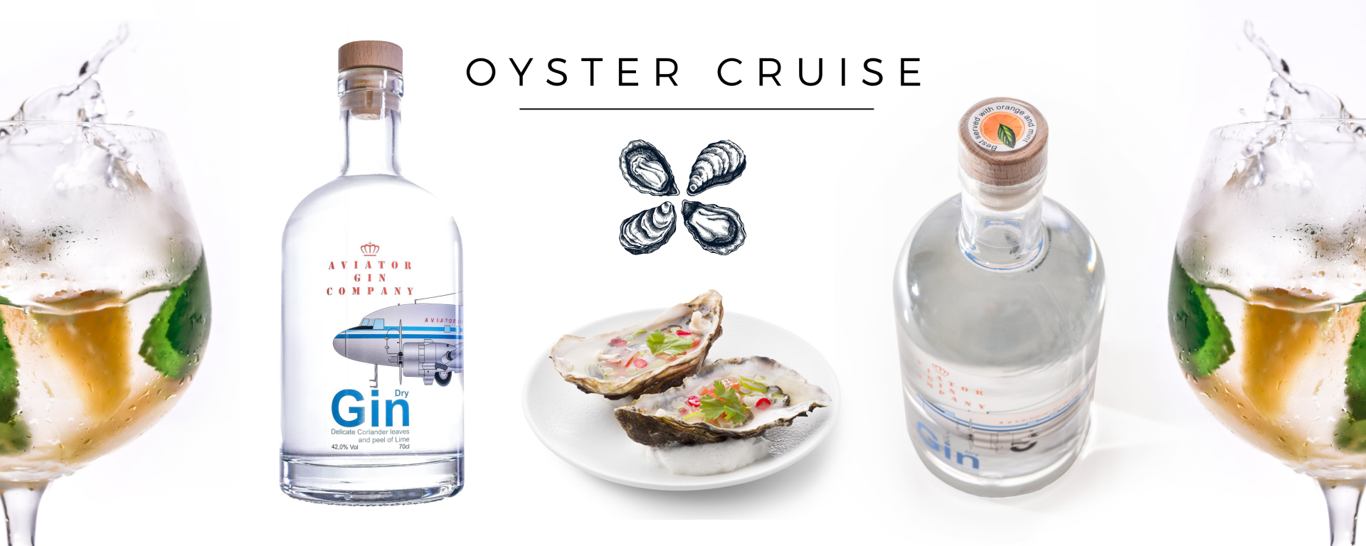 Twee flessen Oysters Cruise gin, een bord verse oesters en twee glazen gin-tonic op een witte achtergrond.