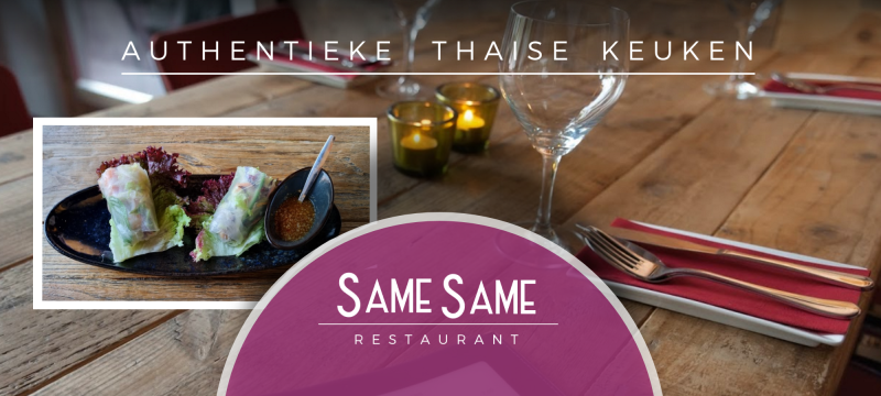 Een eettafel met servies, een foto van loempia's en het logo van Same Same Restaurant, een restaurant met authentieke Thaise keuken.