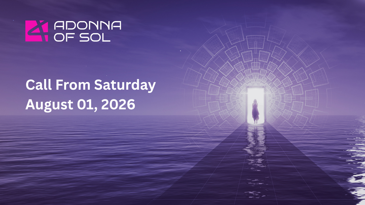 Purple ocean scene with glowing doorway; text reads “Call From Saturday August 01, 2026” and Adonna of Sol logo