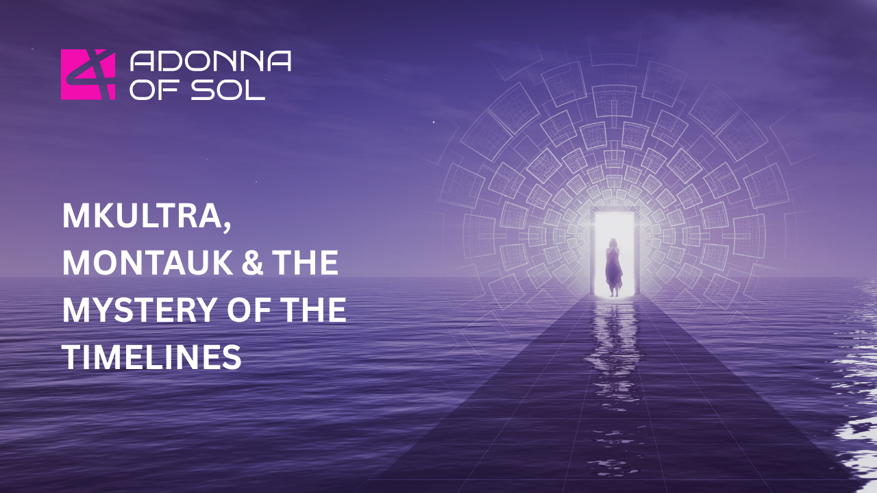 Purple title card for Adonna of Sol: “MkUltra Montauk & the Mystery of the Timelines” over a glowing doorway above water