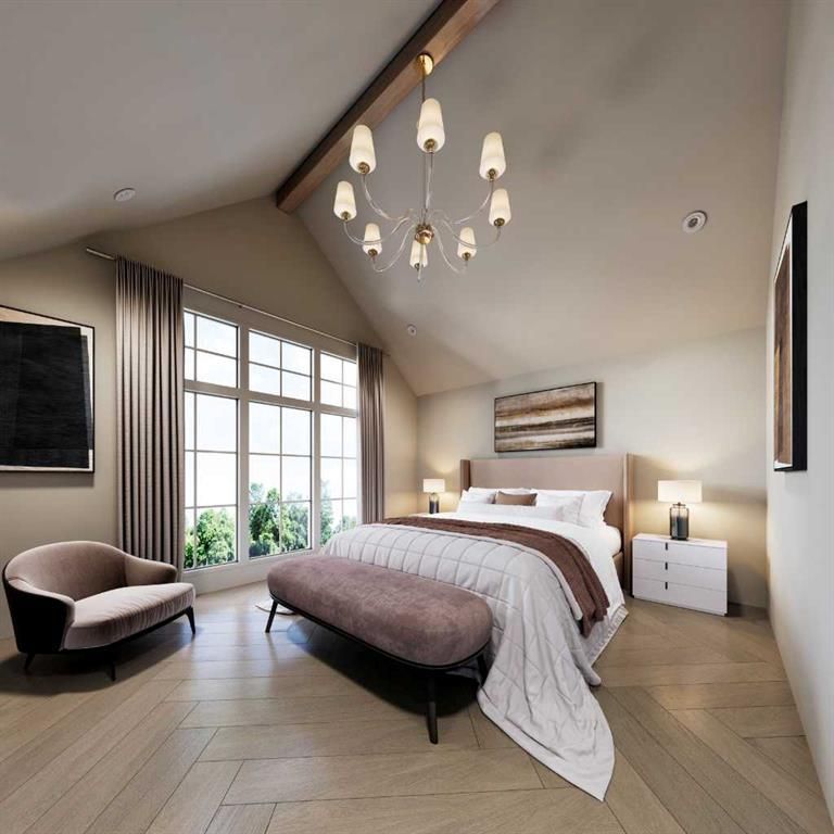 Modern bedroom with a bed, chandelier, armchair, and large window with curtains