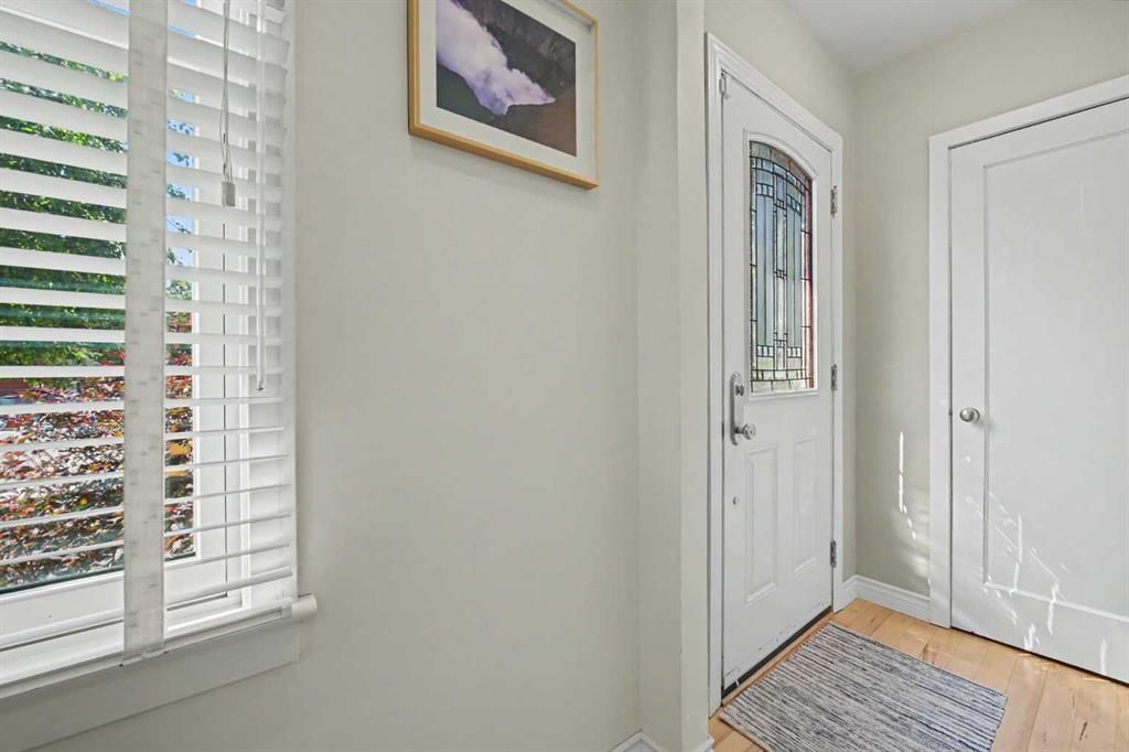 Bright entryway with white door, window blinds, framed art, and a patterned rug on light wood flooring.