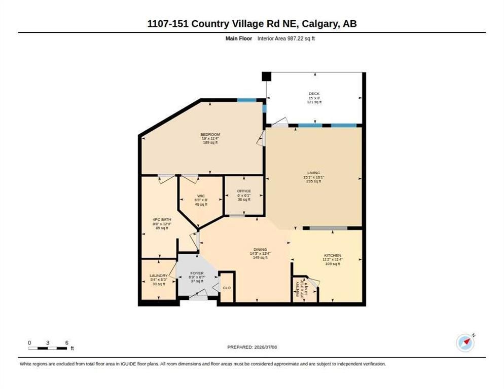 Apartment floor plan with labeled rooms, beige layout, and balcony area
