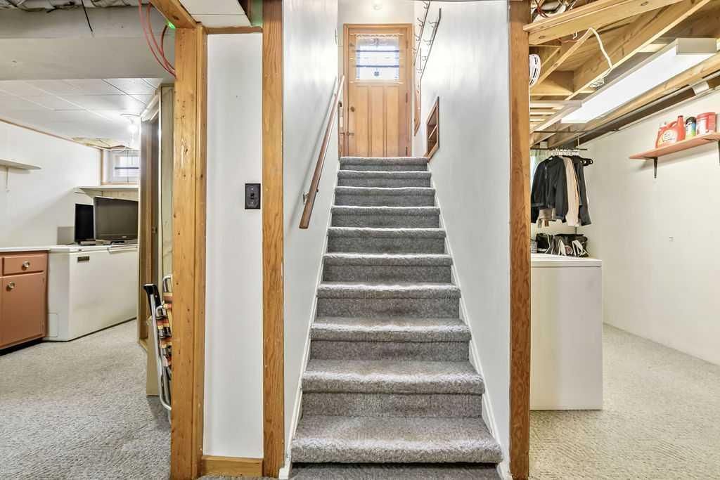 Carpeted basement stairs between a laundry room and a hallway, with white walls and wood trim