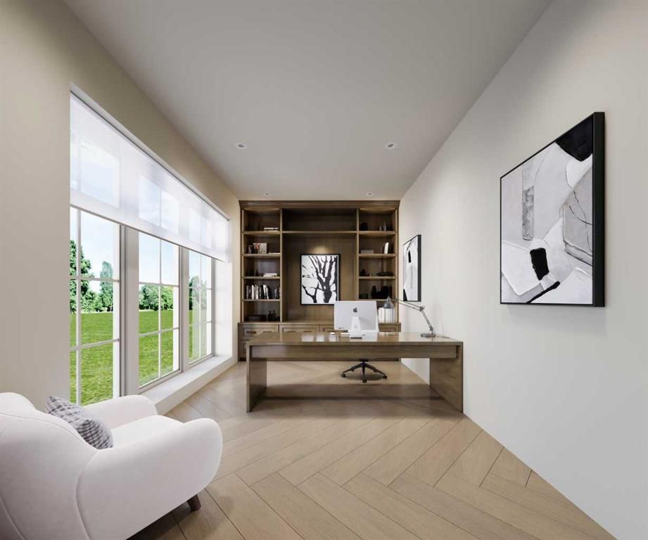 Modern home office with built-in shelves, desk, large windows, and a white lounge chair