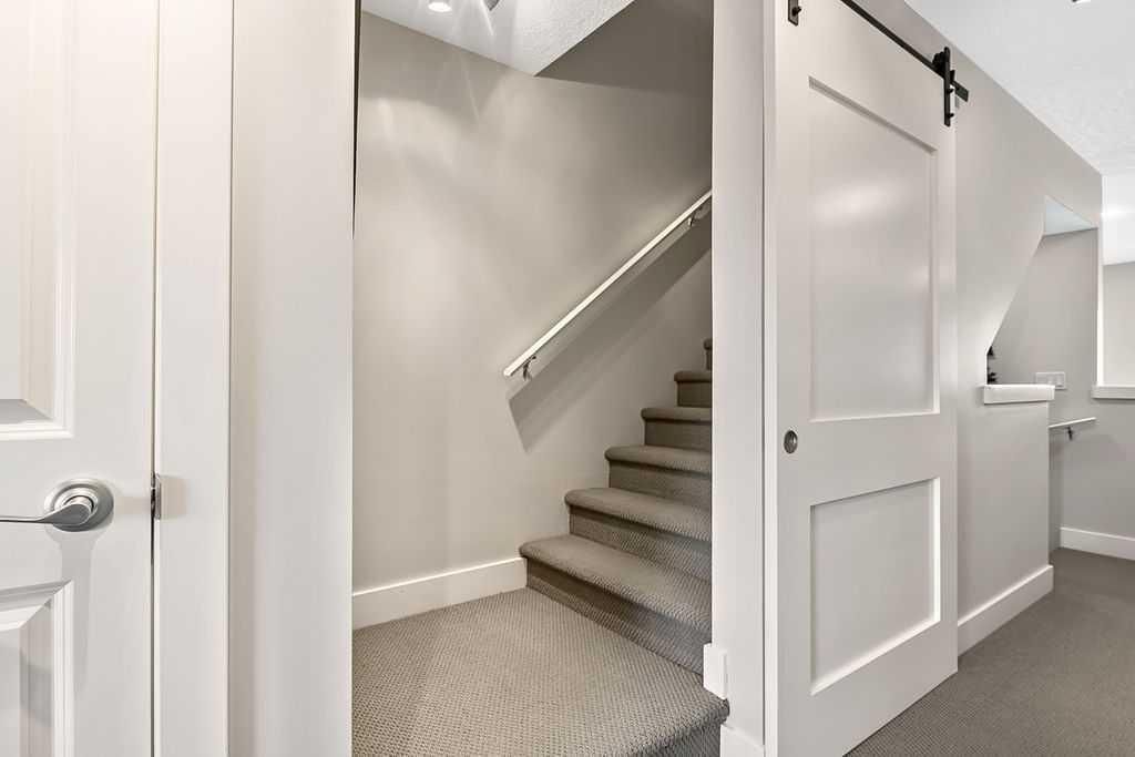 Bright hallway with carpeted stairs and white paneled doors leading to an upper floor.