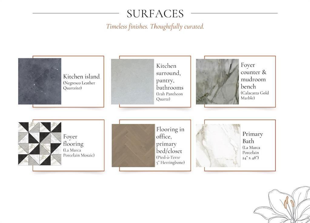 Surfaces inspiration board with six material swatches in gray, beige, and white, including wood and tile patterns