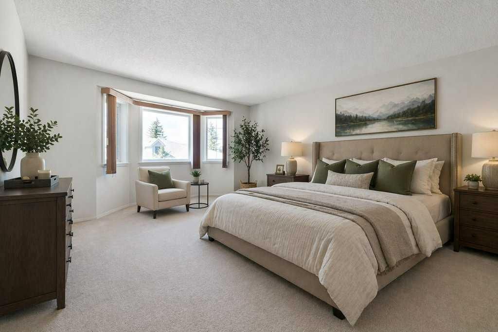 Bright bedroom with beige bed, large window seat, plants, and a dresser in soft neutral tones