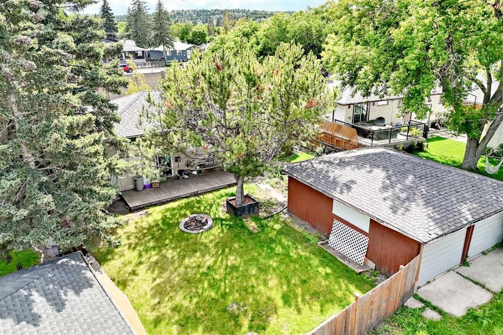 Backyard with green lawn, large trees, and a brown garage beside a fenced residential yard.