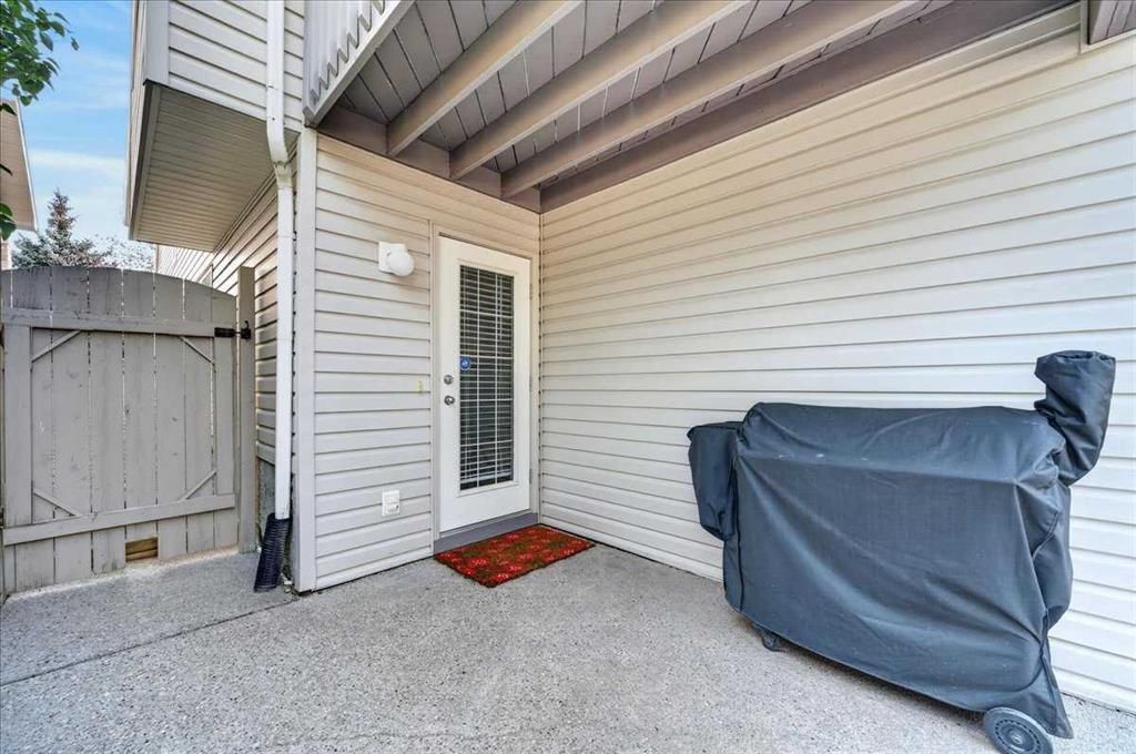 Covered patio with a glass door, small red mat, and a grill covered in gray tarp