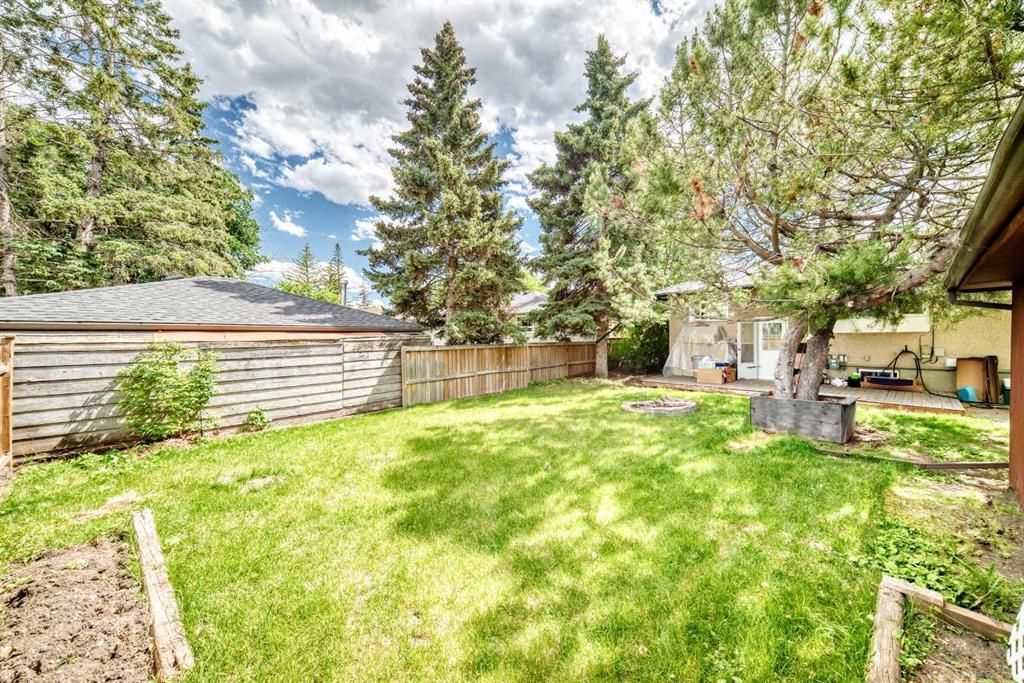 Sunny backyard with green lawn, trees, and a covered patio beside a wooden fence