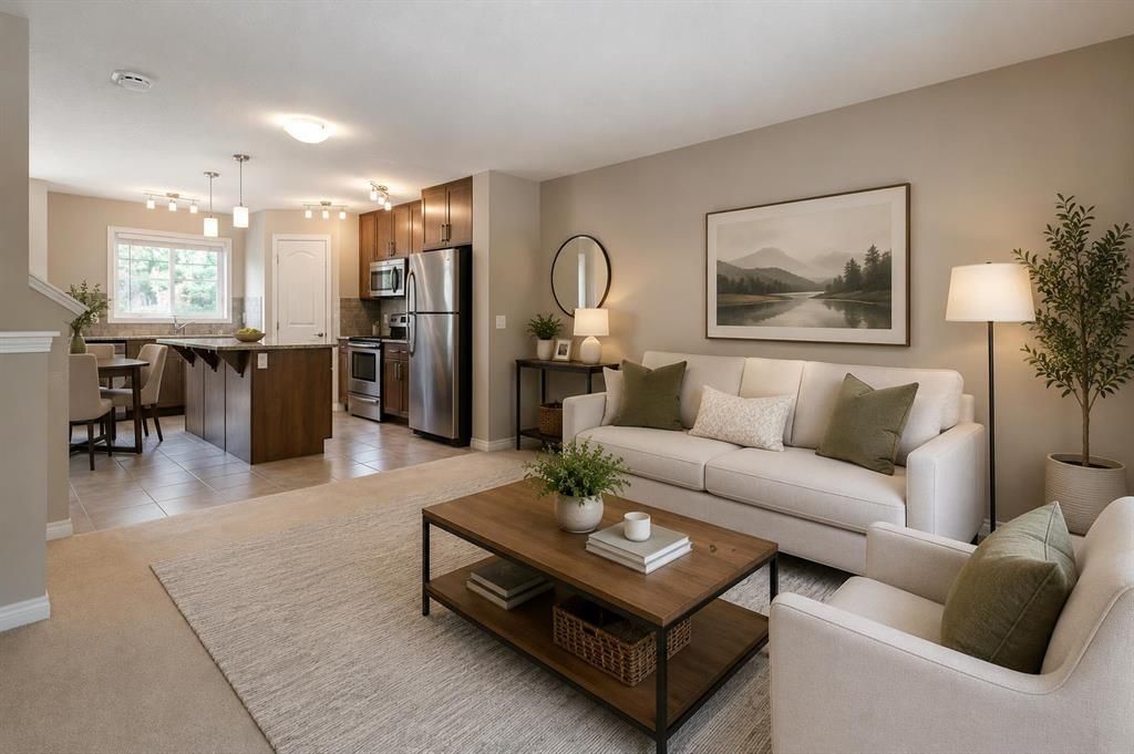 Empty beige living room with carpet, open kitchen, and a refrigerator by the counter