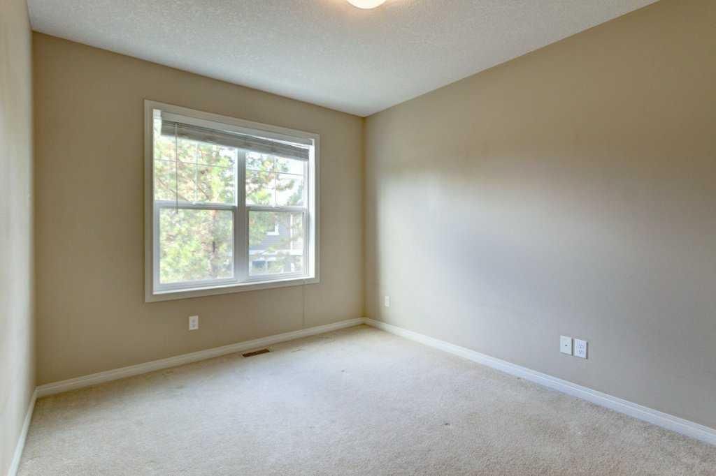 Empty beige bedroom with carpet, window, and light ceiling fixture