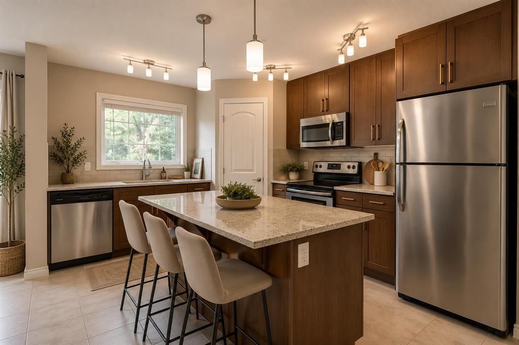 Modern kitchen with granite island, wood cabinets, stainless steel appliances, and tiled floor