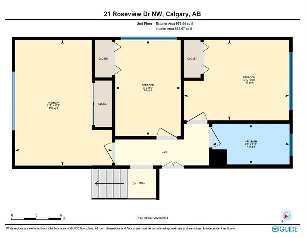 Floor plan of a house layout with beige rooms and a blue bathroom, labeled 21 Roseview Dr NW, Calgary, AB