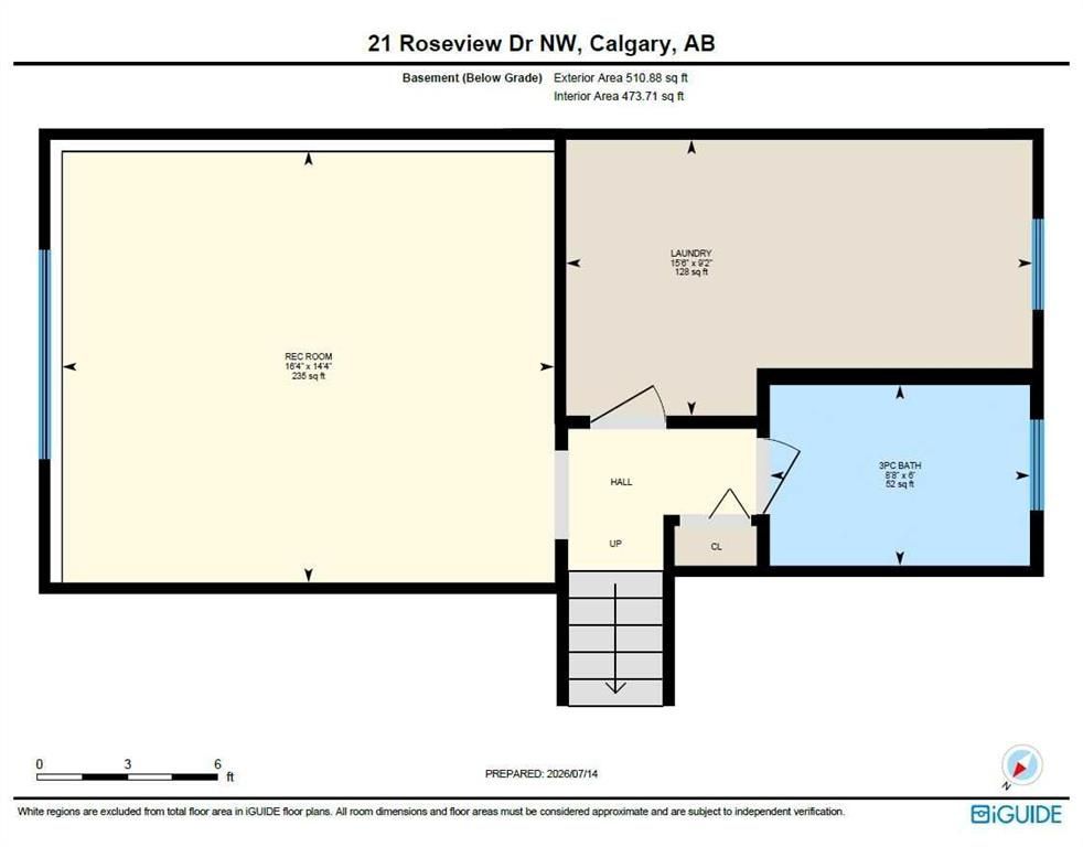 Floor plan of a house with labeled rooms, stairs, and blue-highlighted spaces; title shows 21 Roseview Dr NW, Calgary, AB