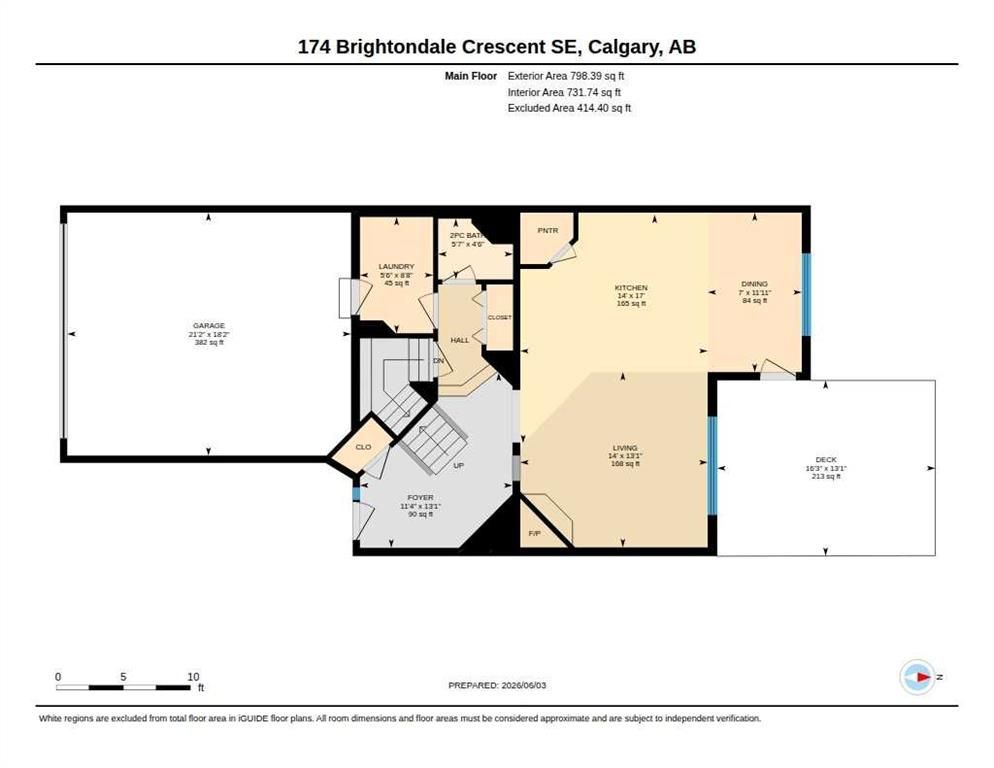 Floor plan of a house at 174 Brightondale Crescent SE, Calgary, showing rooms and garage layout.