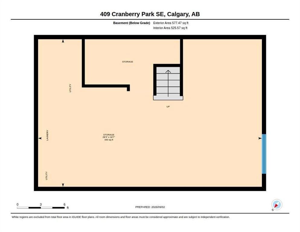 Floor plan of a beige apartment layout labeled 409 Cranberry Park SE, Calgary, AB, with stairs and rooms marked