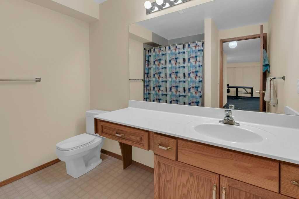 Bathroom vanity with large mirror, white sink, and blue patterned shower curtain in the background