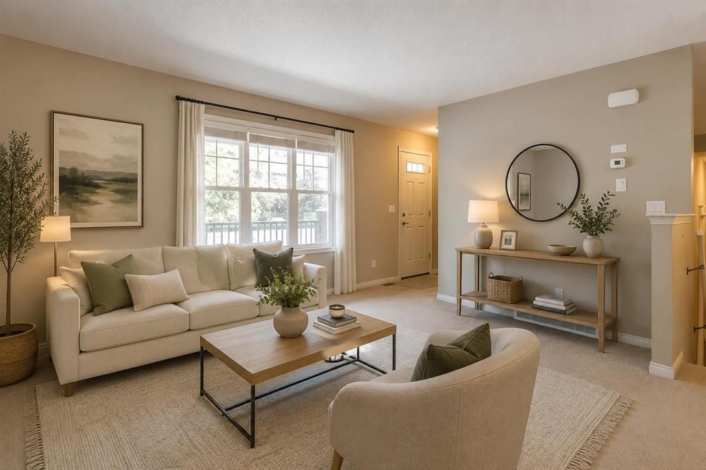 Empty beige living room with carpet, large window, and doorway