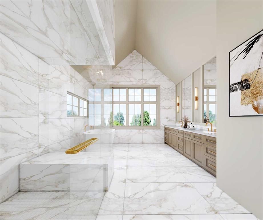Bright modern bathroom with white marble walls, large window, soaking tub, and double vanity.