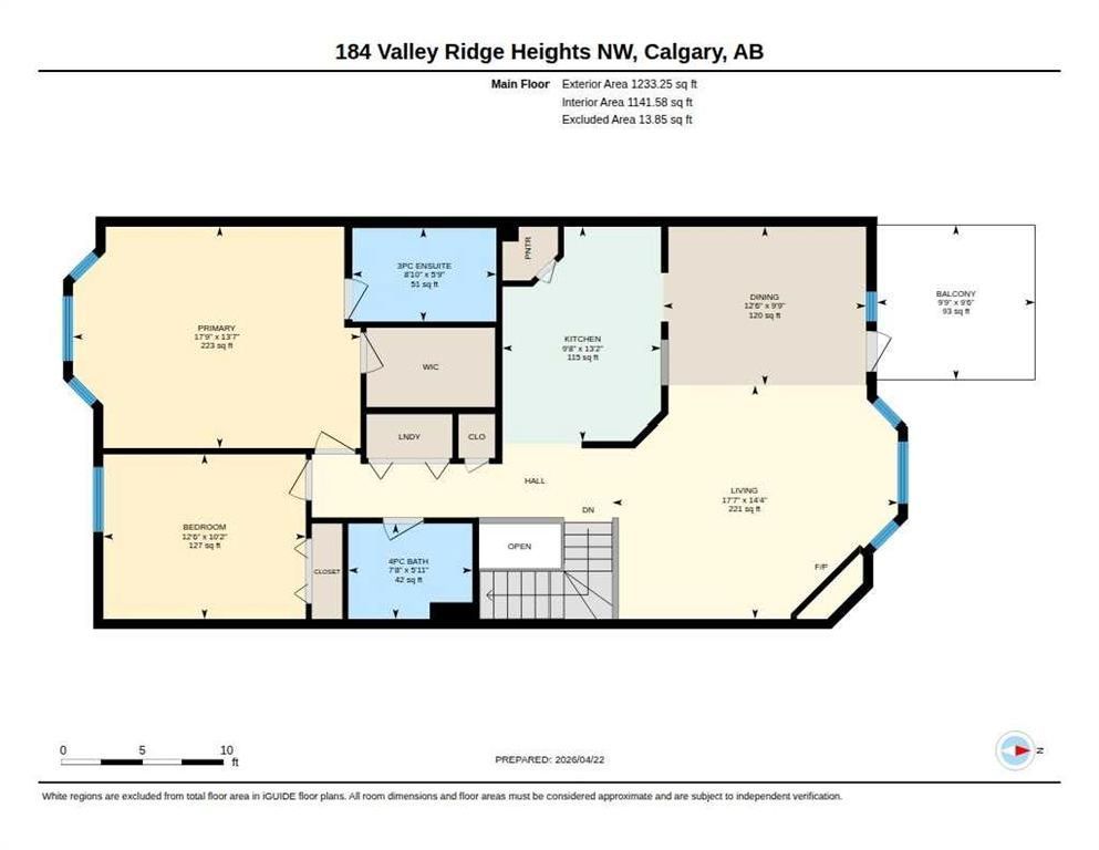 Floor plan of a house labeled 184 Valley Ridge Heights NW, Calgary, AB, with rooms color-coded on a white background