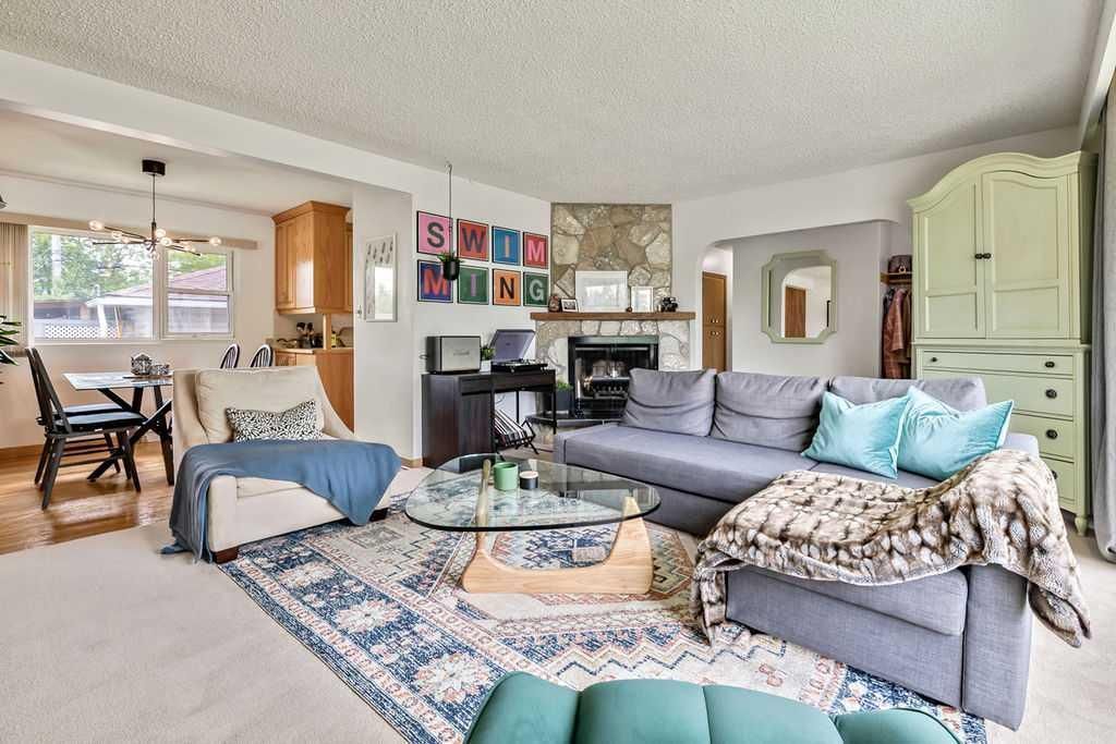Bright open living room with gray sofa, patterned rug, blue accents, and dining area in the background