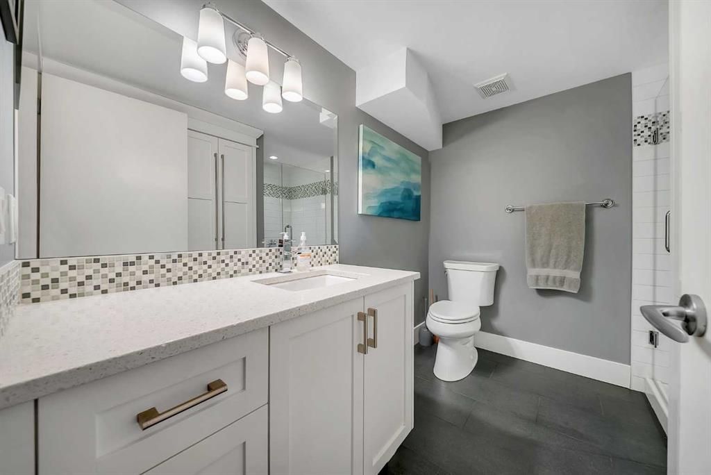 Modern bathroom with white vanity, large mirror, gray walls, and a toilet with towel rack
