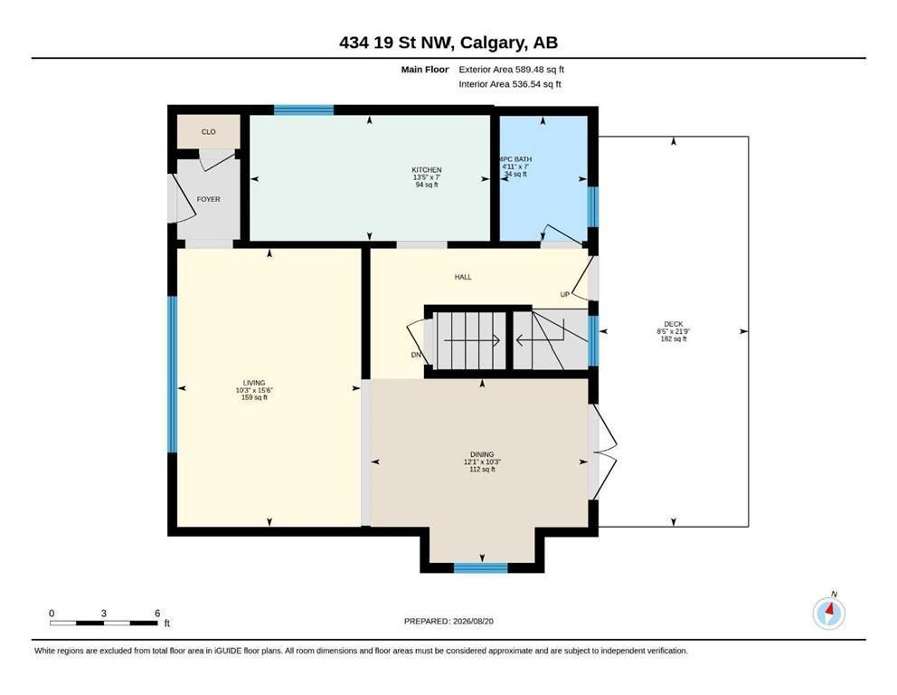 Floor plan of a Calgary condo with labeled rooms, stairs, and a balcony layout.