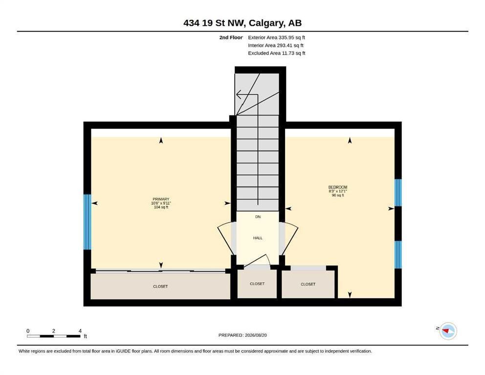 Floor plan of a home in Calgary, AB, with two bedrooms, central stairs, and a small foyer